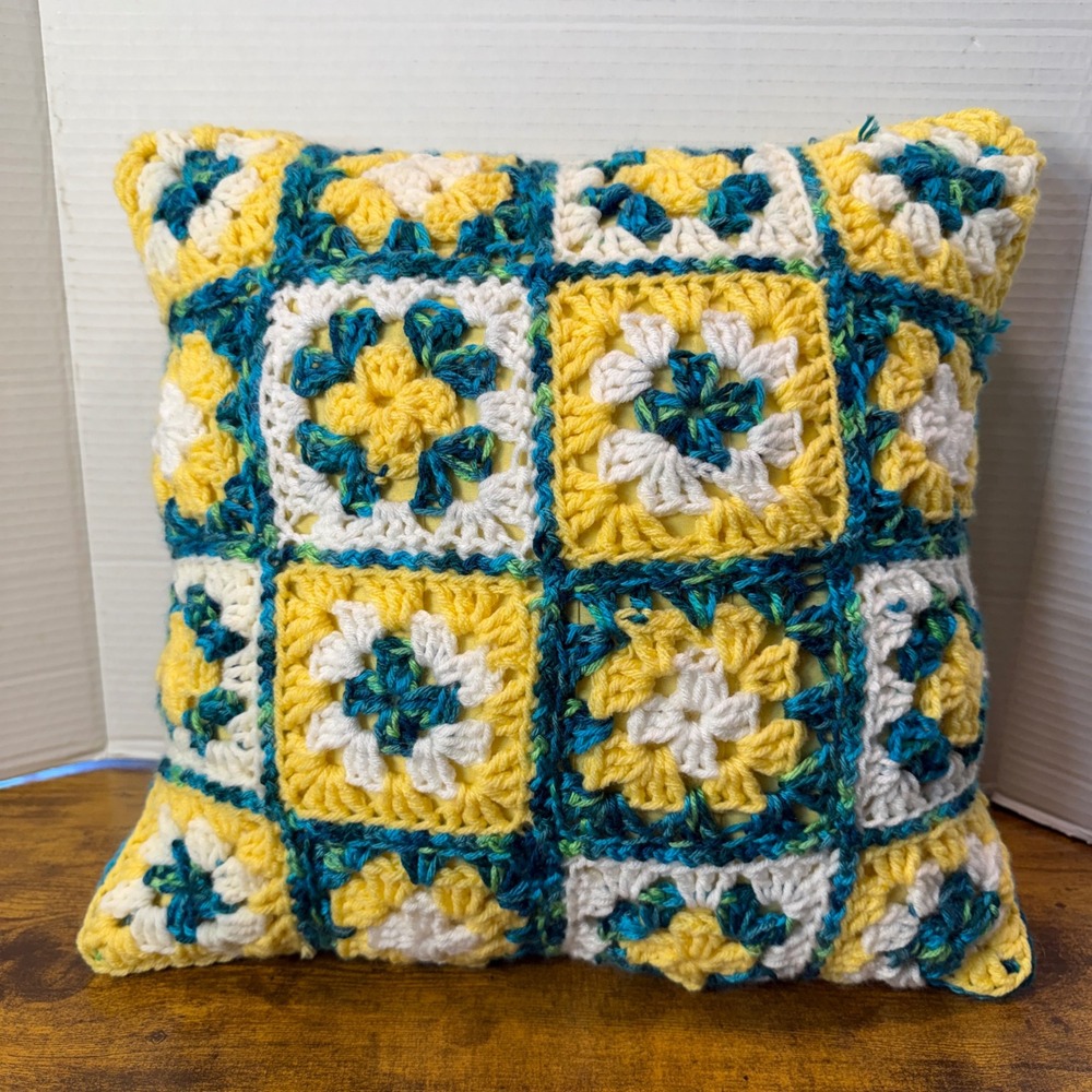 Handmade Crochet Granny Square Throw Pillow Yellow Teal White Boho Cottage 13x13